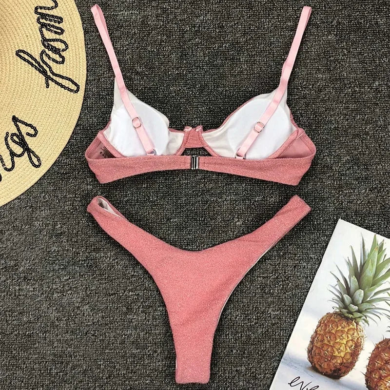 Glitter Sparkling Underwired V-Bar Bikini Women Swimsuit Female Swimwear Two-pieces Bikini Set Micro Thong Bathing Suit Swim