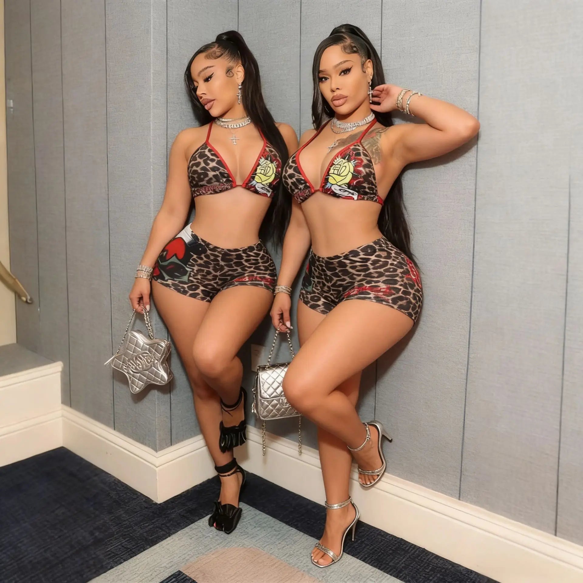Leopard print sexy two-piece hot girl nightclub style shorts set