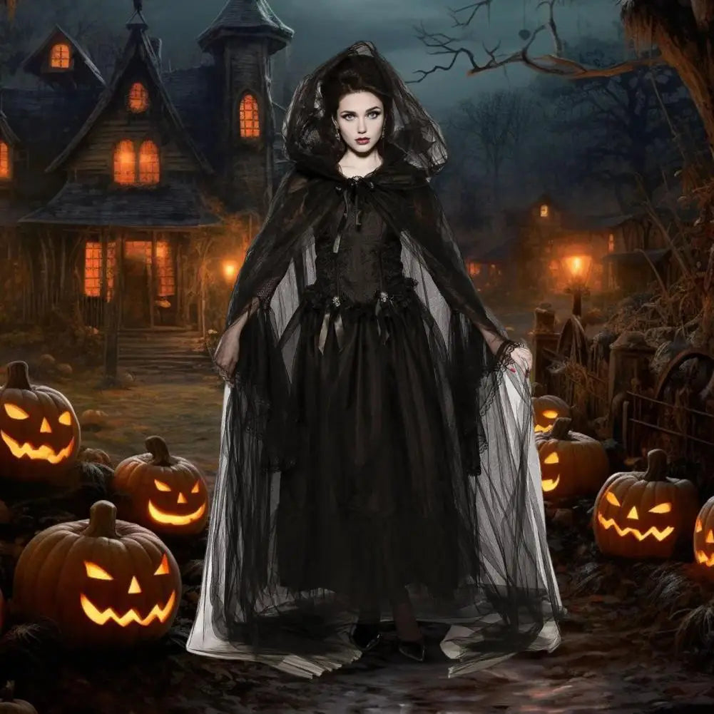 Halloween Ghost Cosplay Costume Cloak Adult Hooded Lace-up Full-Length Sheer Cape with Oversized Hood