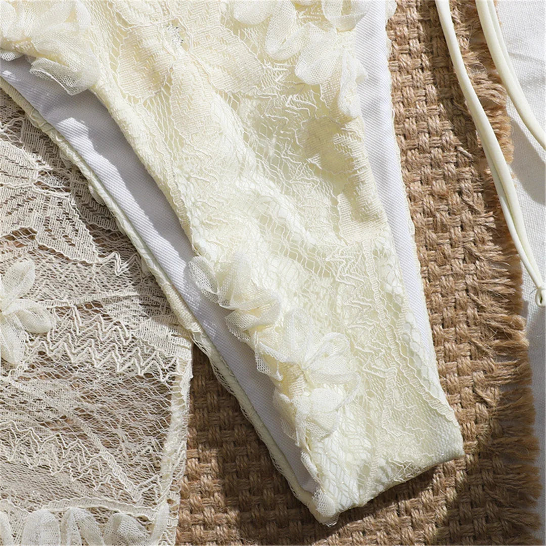 3PCS With Sarong Flower Lace Halter Bikini Women Swimwear Female Swimsuit Three-Pieces Bikini Set Bather Bathing Suit Swim V8277