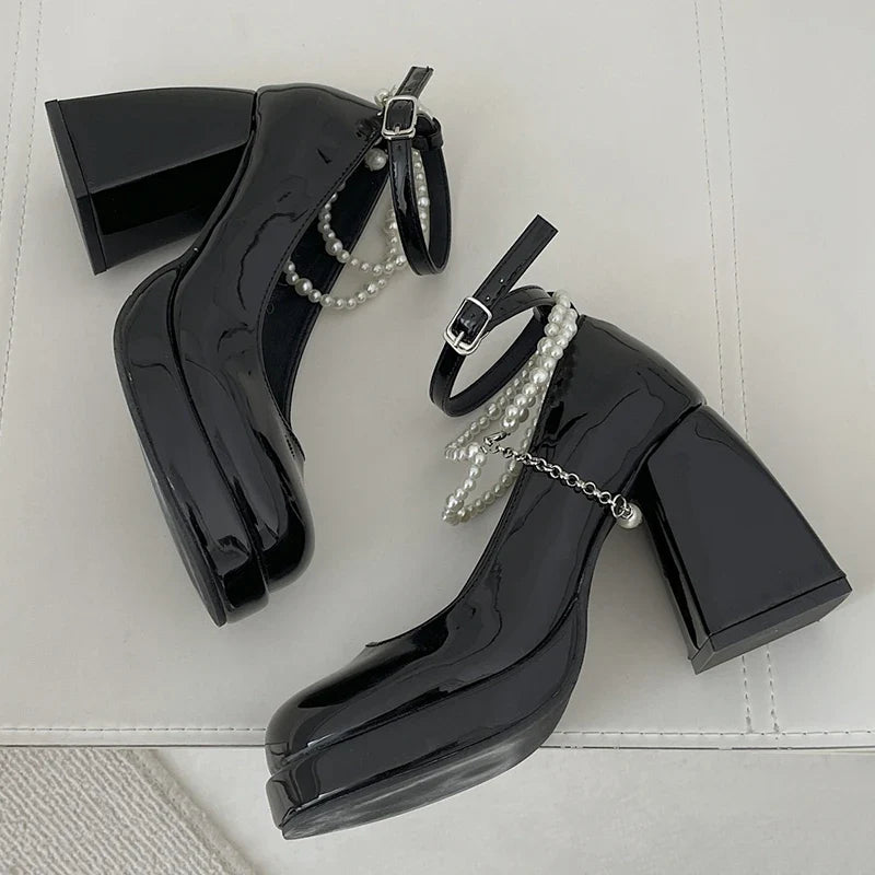 10cm Super High Heels Mary Jane Shoes Women Fashion Patent Leather Platform Pumps Woman Pearls Chain Ankle Strap Party Shoes