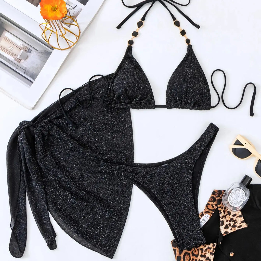 DEKA Women New Sexy Diamond Black Chain Bikinis Set Rhinestones 3 PCS Swiwmear Crystal Swimsuit Fashion Strap Bathing Suit
