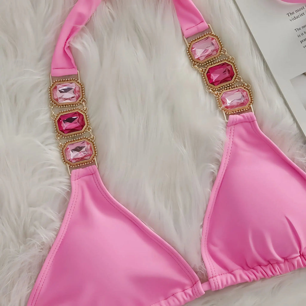 Sexy Rhinestone Bikini Set Women 2026 Luxury Pink Crystal Diamond Push Up Bandage Thong Swimsuit Beach Bathing Suit Swimwear