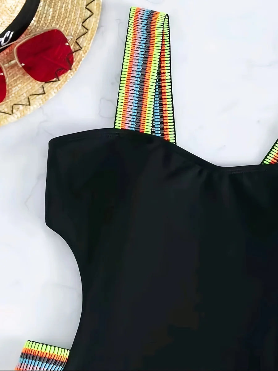 Splicing Black Contrast Women Swimwear One Piece Swimsuit Female Monokini High Cut Bather Backless Bathing Suit Swim Beachwear
