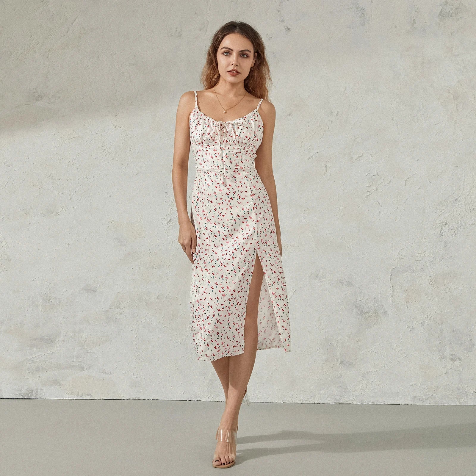 Women Summer Floral Print Party Club Midi Dress Sleeveless Spaghetti Strap Bustier Backless Thigh Slit Slim Dress