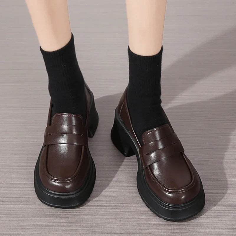 Brown Pu Leather Platform Loafers for Women British Style Round Toe Thick Heel Pumps Woman Slip On High Heels Office Shoes Lady