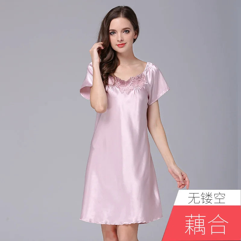 Women's Sleepwear Ice Silk Casual Silk Pajamas Women's Summer Sexy Short Sleeve Lace Pajamas Loungewear