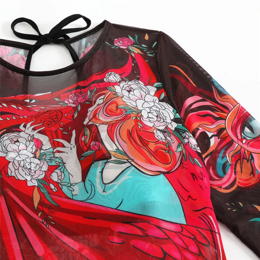 S - XXL Printed Long Sleeve With Sarong One Piece Swimsuit Women Swimwear Female Flowers Padded Bather Bathing Suit Swim K7181
