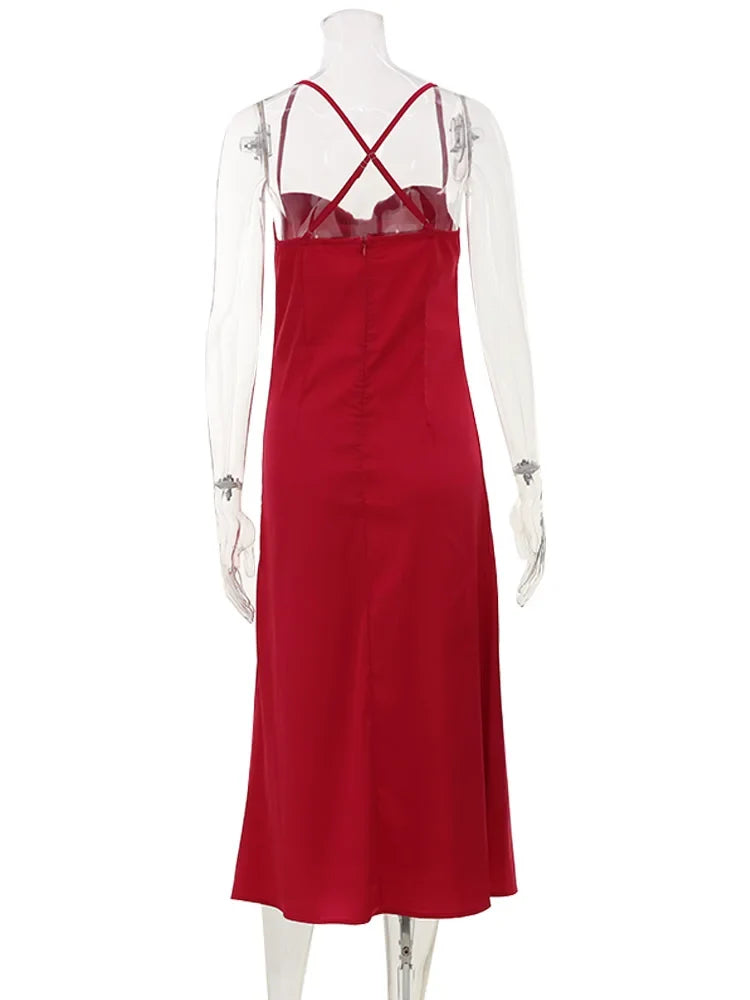 Ahagaga Summer Sexy Club Women's Fashion Bow Strap Dresses V-Neck Long Y2K Sleeveless Solid Skin Summer Party Evening Bodycon