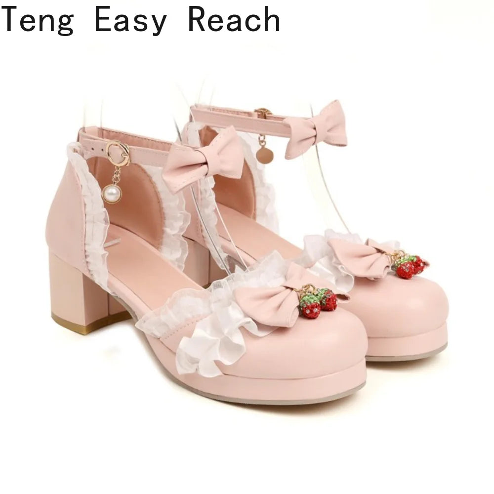 Women's White Pink Bowknot Single Sandals Ruffles High Heels Girls Student Mary Janes Lolita Party Dress Shoes Size 32-48 French