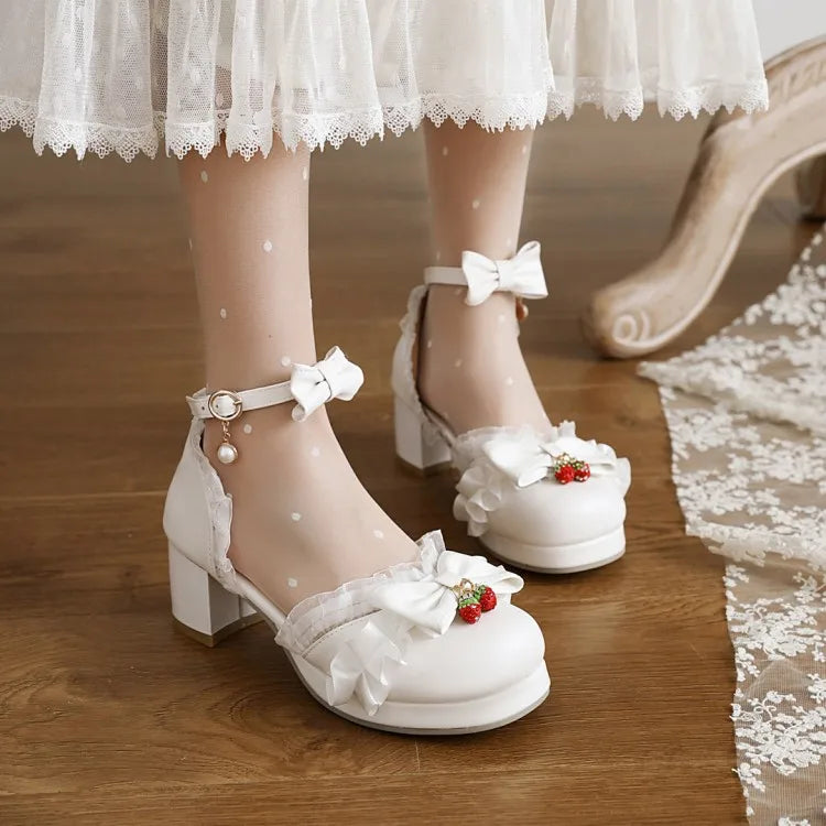 Women's White Pink Bowknot Single Sandals Ruffles High Heels Girls Student Mary Janes Lolita Party Dress Shoes Size 32-48 French