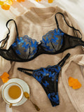 Toucheart Sexy Bra Underwear Set For Women Embroidery Butterfly Printing Patchwork Mesh Hollow Out Perspective Underwear Suit