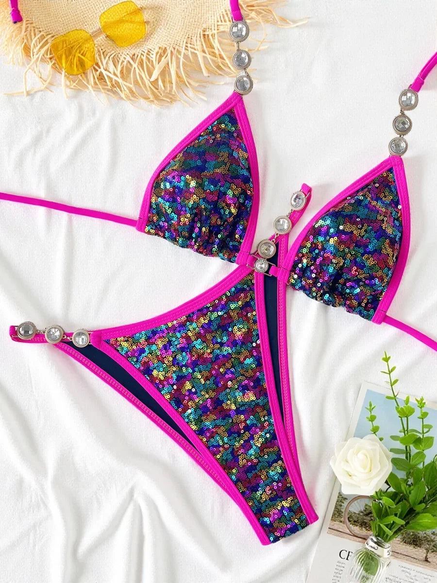 Shiny Colorful Sequins Diamond Bikini Women Swimsuit Female Swimwear Two-pieces Bikini Set Bather Bathing Suit Swim Beach Wear