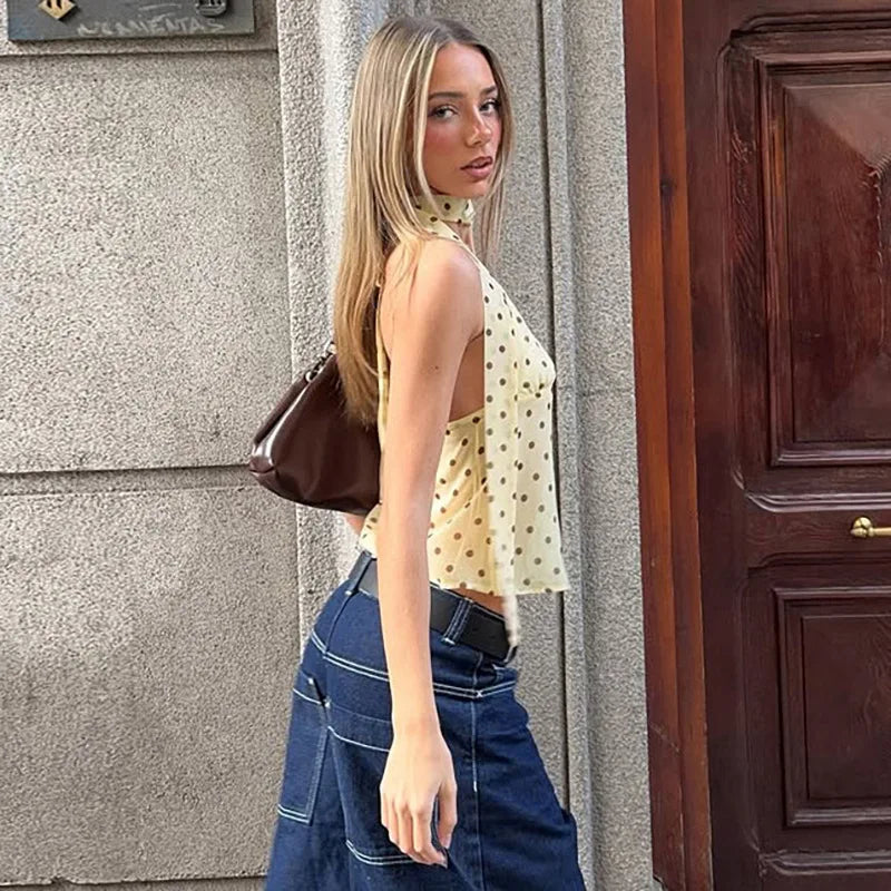 FDYOUI Y2K Bandage Polka Dot Crop Top Women 2026 Summer Sexy Halter Lace-up Camisoles Girls Chic Backless Tanks Tops Streetwear