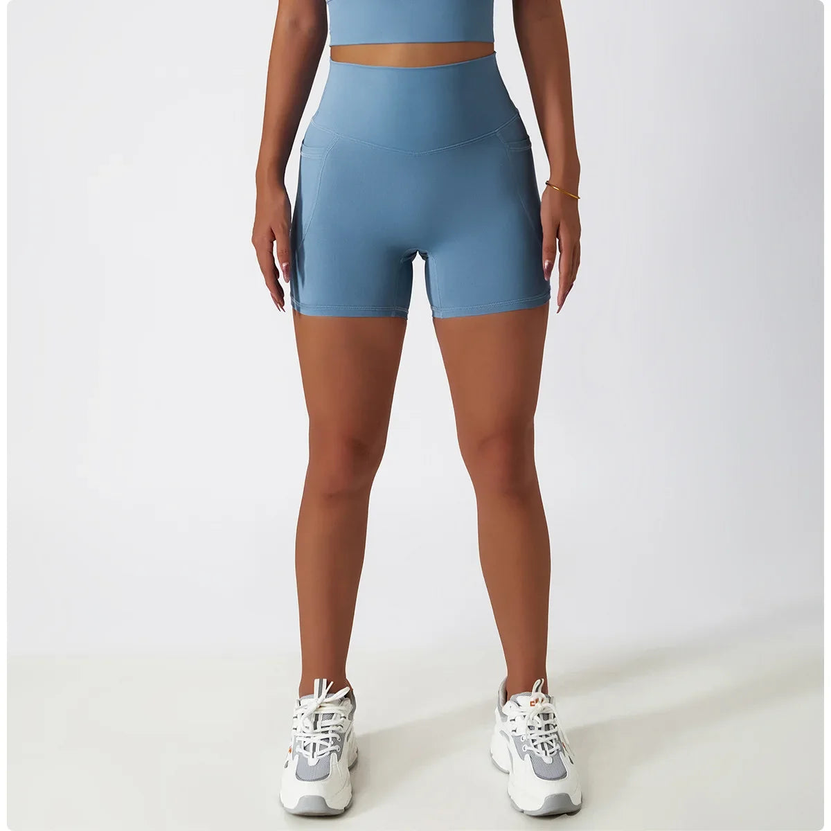 Comfortable Skin Friendly Summer High Waist Yoga Shorts Gym Hip Lift Pants Pocket Breathable Running Cycling Sports Shorts Women