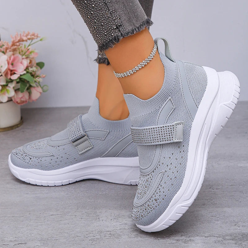 Shiny Crystal White Platform Sneakers Women Comfort Knitted Breathable Walking Shoes Woman Casual Non-Slip Sport Shoes Ladies
