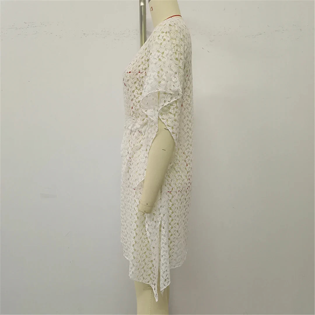 2025 V Neck Short Sleeve Hollow Out Knitted Tunic Beach Cover Up Cover-ups Beach Dress Beach Wear Beachwear Female Women K6535