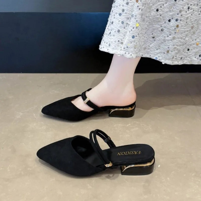Sandals for Woman Chunky Pointed Toe Footwear Summer 2026 Thick Heel Block High  Pumps Women's Shoes Slippers