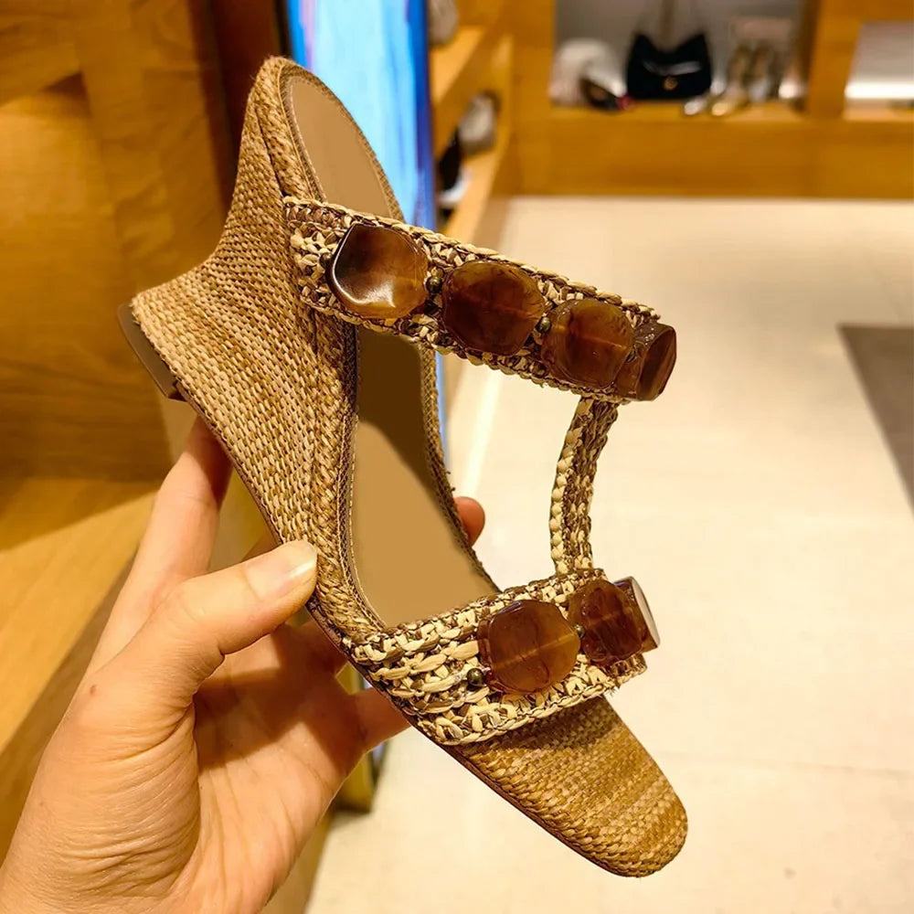 Boho Raffia Comfortable 8cm High Heels Wedge Slide Mules T-Strap Vacation Beach Straw Heels Espadrille Wedge Sandals Women Shoes