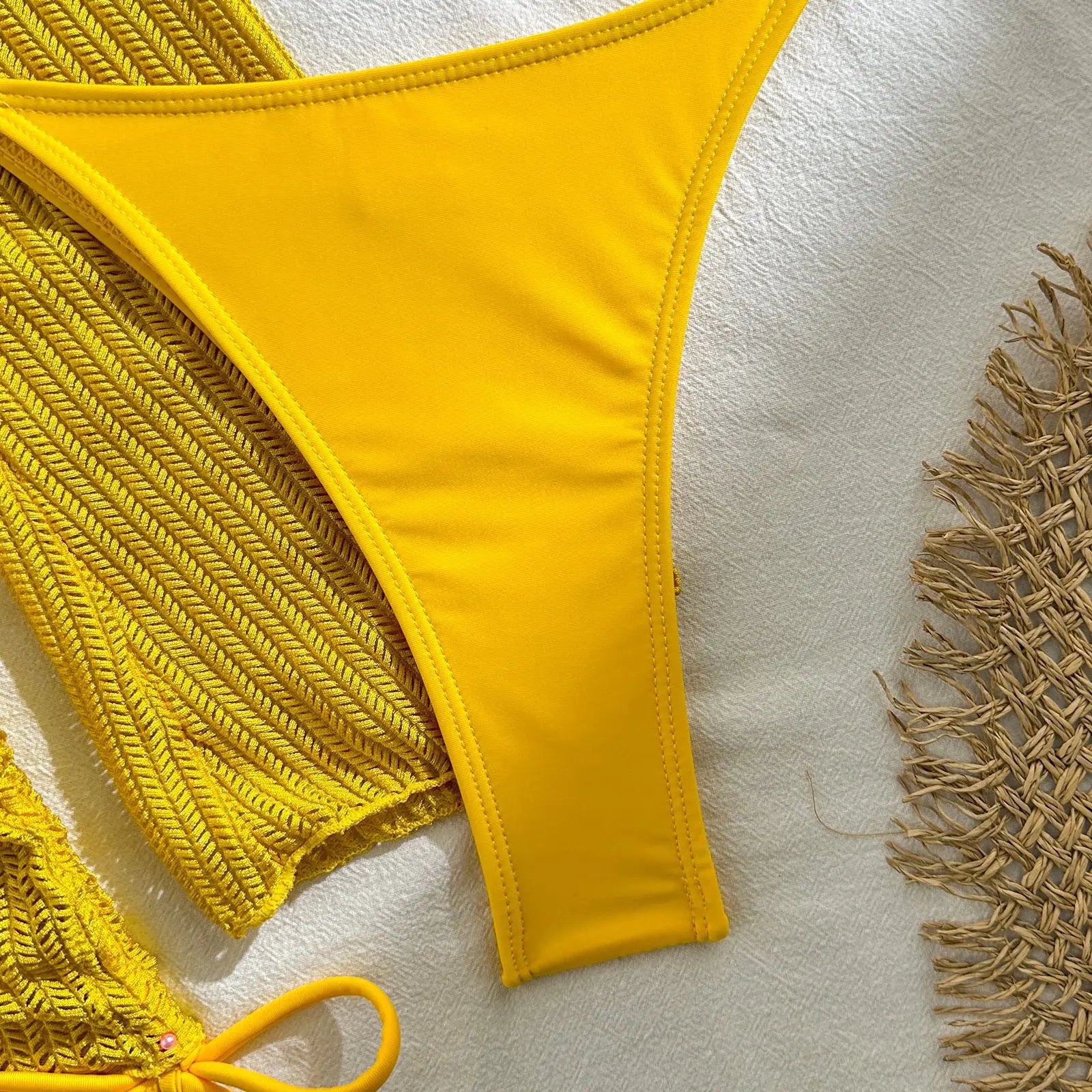 Women micro mini halter bikinis sets 3pcs with knitted long sleeve hollow out mini dress swimsuit bathing suit beach outfits