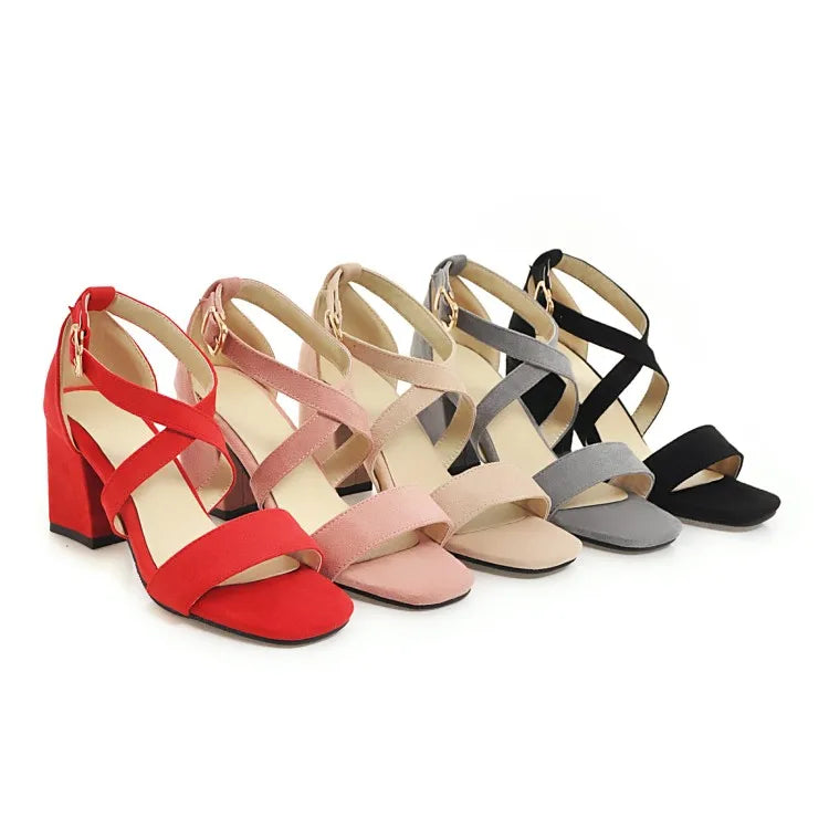 Big Size Casual Women Sandals Black Flock 7cm High Square Heels Peep Toe Summer Cross Buckle Strap Party Office Red Lady Sandals