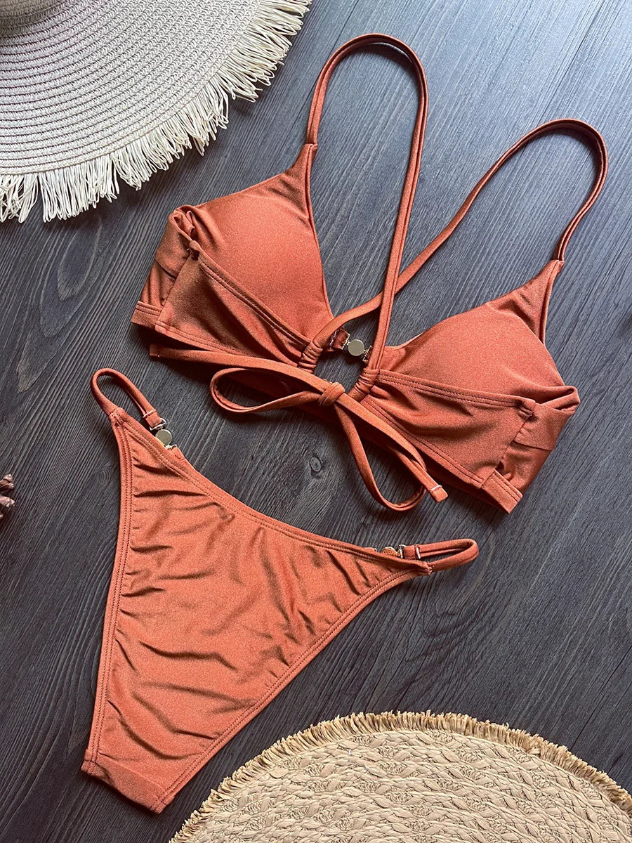 Cross Back Hollow Out Bikini Female Swimsuit Women Swimwear Two-pieces Bikini Set High Leg Cut Bather Bathing Suit Swim Lady
