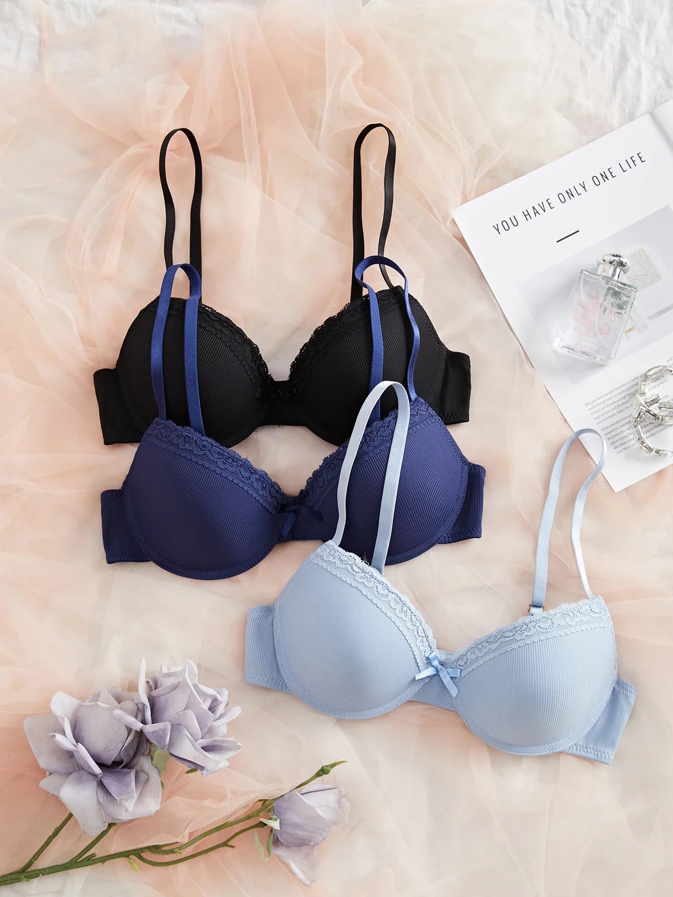3-Pack Ribbed Women's Underwear Set Everyday Push up Bra Lace Trim Splicing Sexy Bras Comfortable Thin Cup Underwire Women's Bra