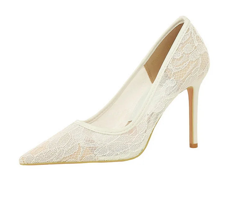 NASBAVI Sexy Lace High Heels Net Gauze Thin Heel Pointed Toe Slimming Nightclub Style Low Heel Single Shoes 41 42 43