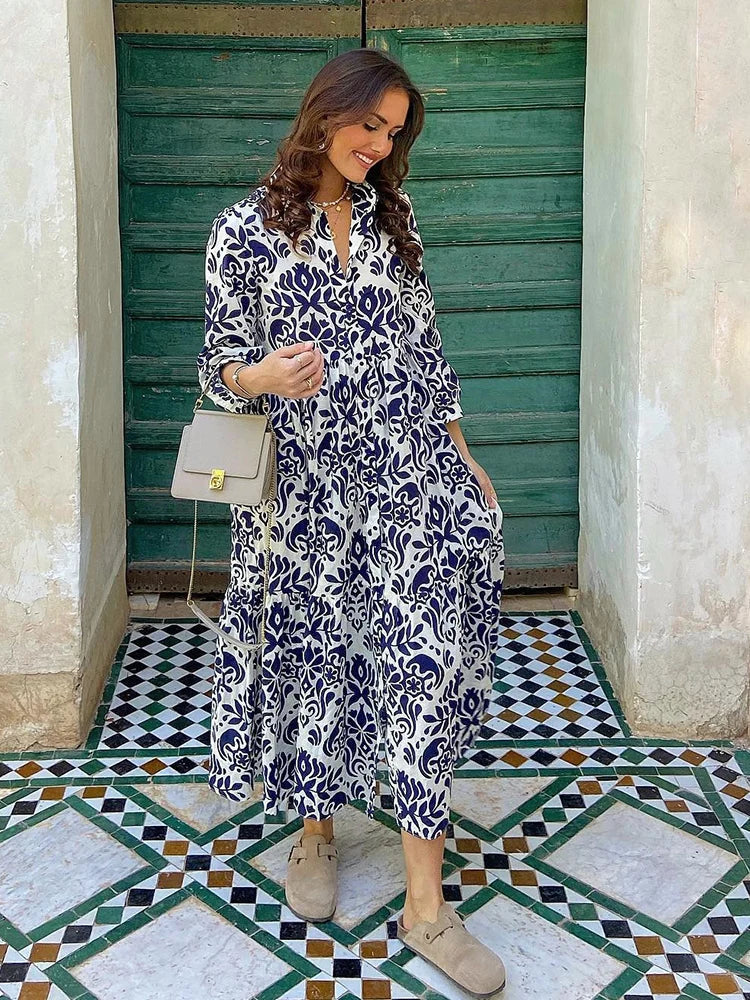 Foridol Blue Flower Print Vintage Casual Shirt Dress Women 2025 Single Breasted Loose Boho Maxi Long Vestidos Dresses Fashion