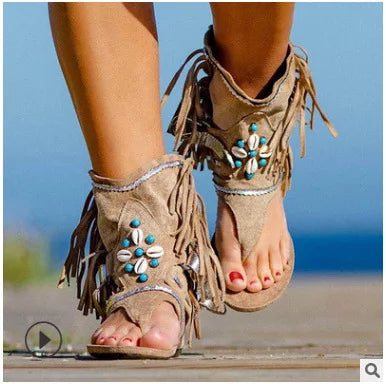 Retro Women Fringe Flower Wedges Shoes 2022 Solid Flock Beach Casual Sandals Women Summer Flip Flop Sandals