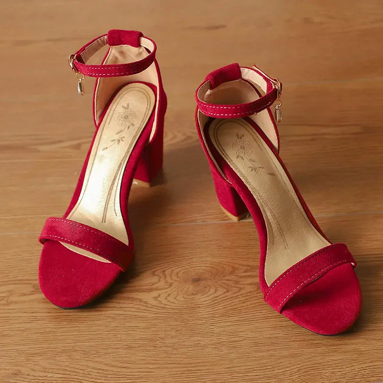 Beige Suede Ankle Strap Block Heel Sandals for Women, Round Open Toe with Rhinestone Accent, Multiple Colors Available