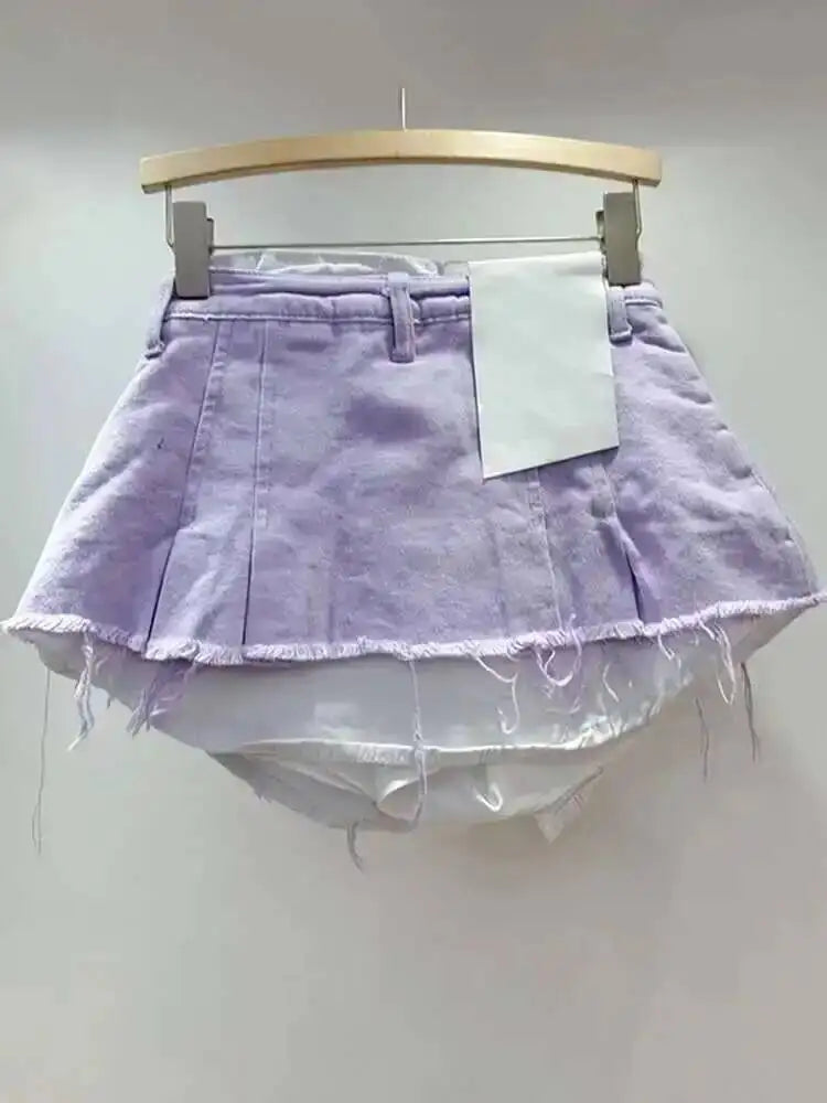 Women's Denim Skirt High Waist Pleated Patchwork Contrast Color Big Pockets Burrs A-line Mini Skirt 2026 Summer New SKIRTS 7W7E