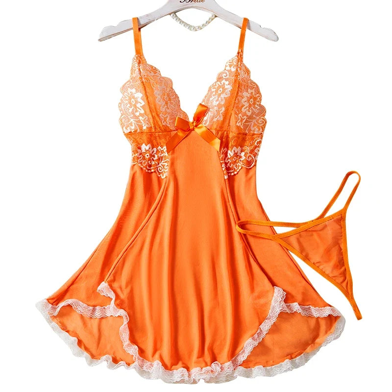Summer Orange Hot Lace Mesh Contrasting Sexy Babydoll Dress Slim Fit Erotic Lingerie With Thongs Sex Night Costumes