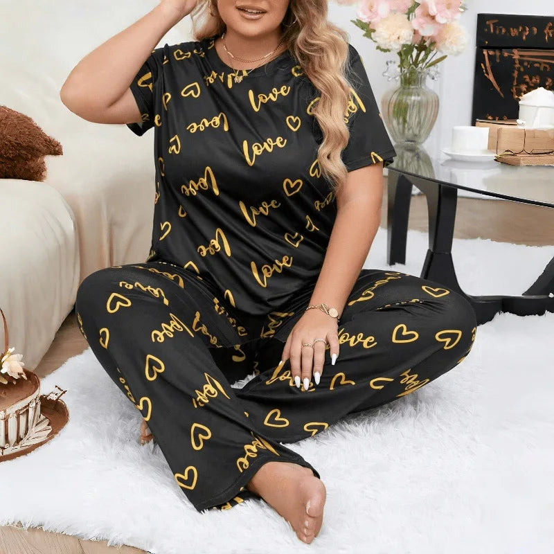 Plus Size 3XL 4XL 5XL Sleepwear Women's Heart Letters Print Pajamas Set Casual Short-Sleeve Top and Pants Loungewear