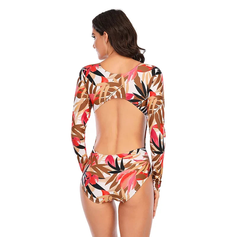 Long Sleeve Swimwear 2024 Surfing Bathing Suit Women Backless Print One Piece Swimsuit Retro Rashguard Monikini Bodysuit