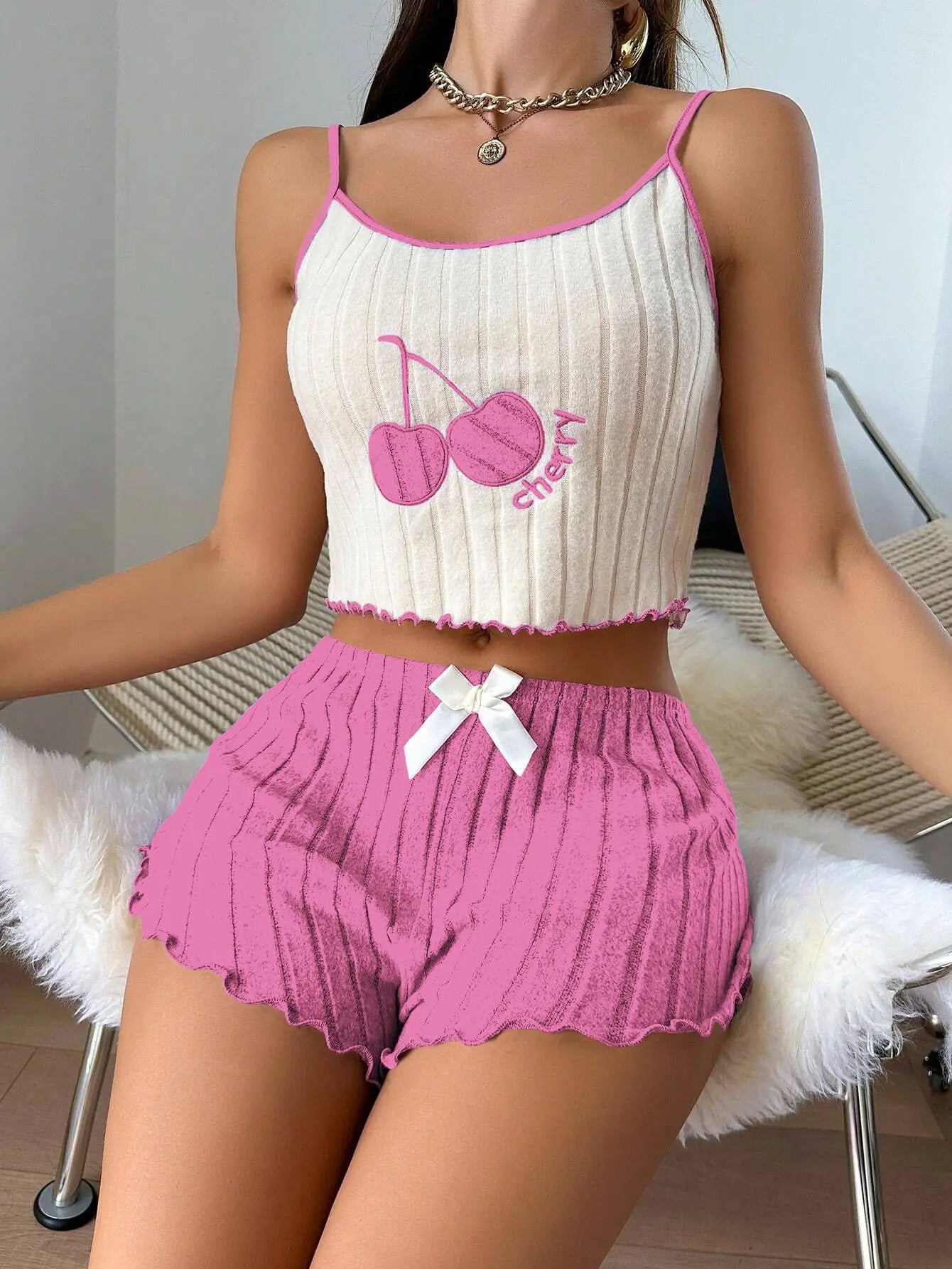 New 2pcs Pajamas Set for Women Casual Simple Ground Wool Halter Vest Shorts Set Home Wear Sleepwear Loungerwear