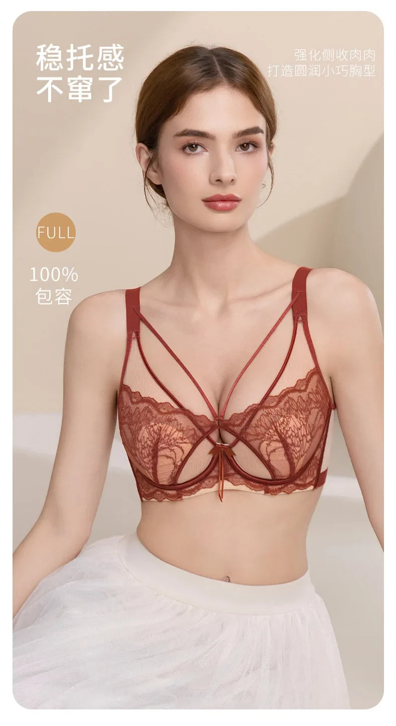 Women's French Pure Desire Lace Lingerie Set - Rabbit Ear Cup Thin Push Up Bra Minimizer for Large Bust