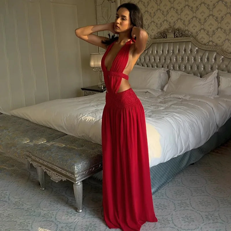 FDYOUI Sexy Halter Neck Backless Wedding Party Dress Women 2026 Summer Hollow Out Lace-up Long Maxi Evening Dresses Red Gowns