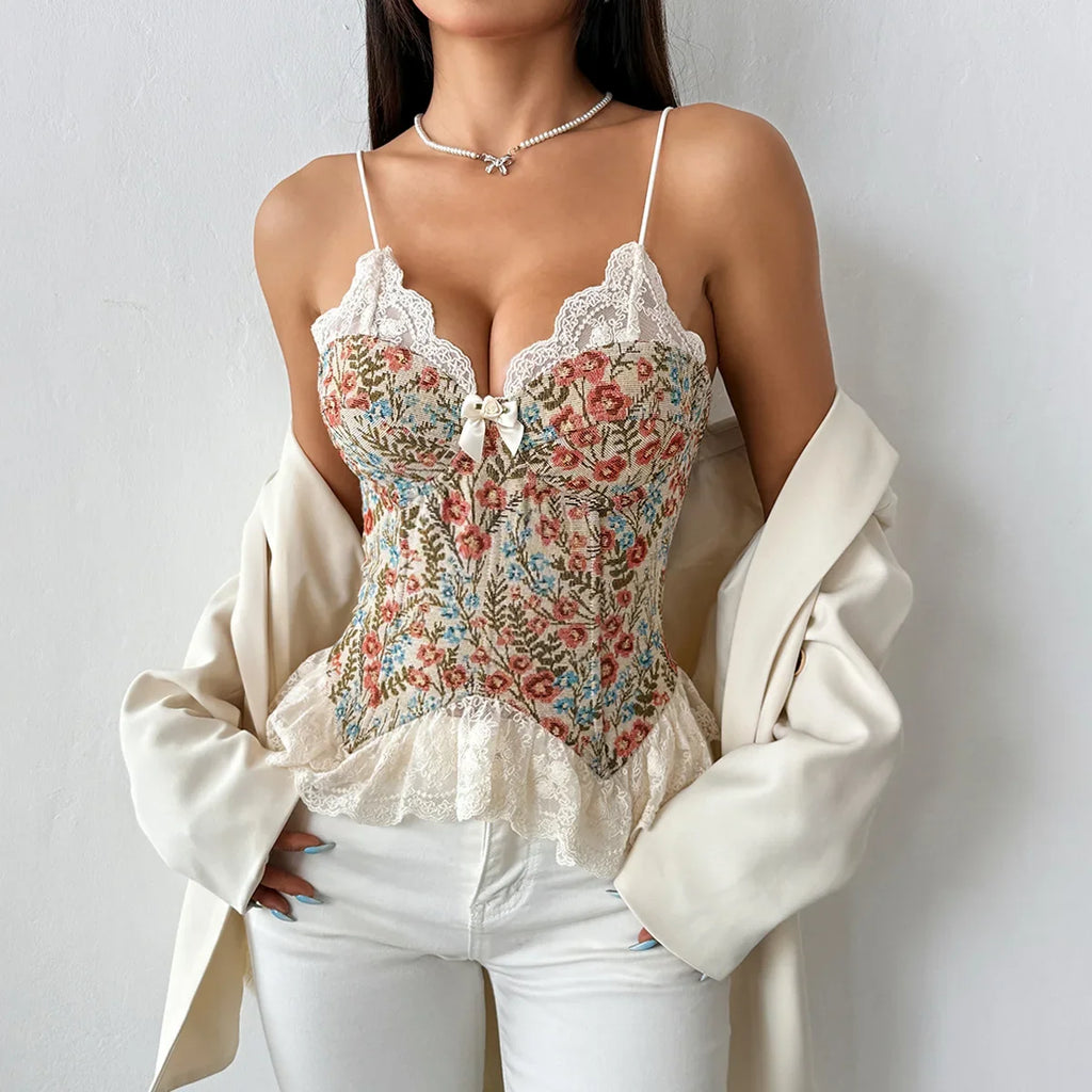 Prairie Chic Style Women's Tank Top French Style Crop Tops Lace Strapless Camisole Lace up Fishbone Corset Lady Summer Outfit