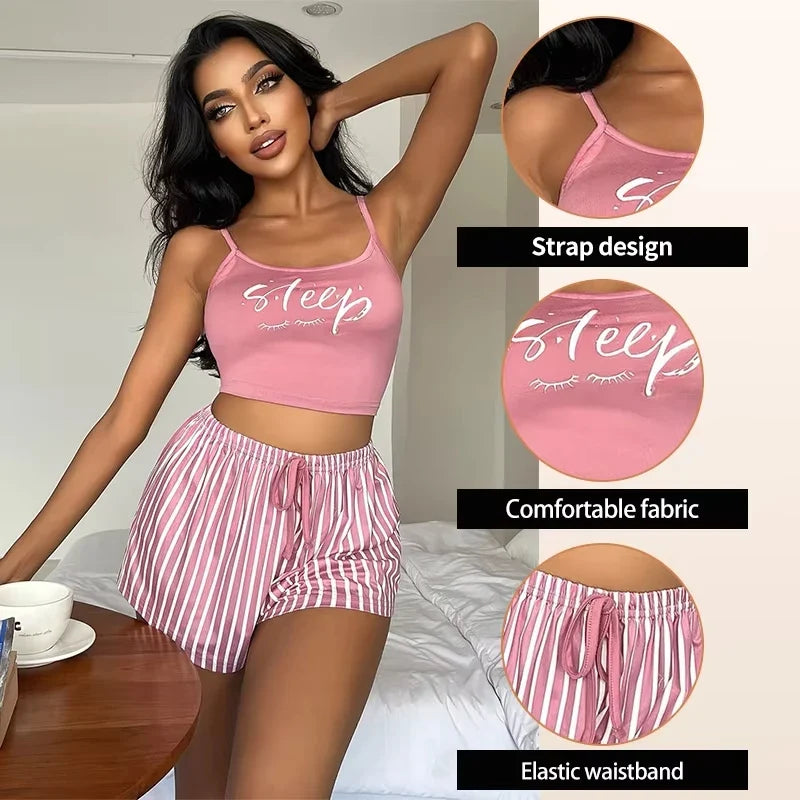 Women Pajamas Set Sleepwear Sexy Summer Home Clothes Tops And Shorts Cute Soft Sleeveless Nightwear For Female