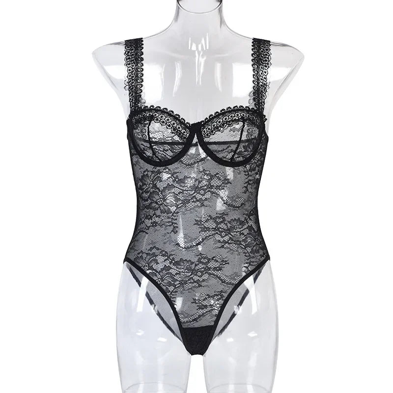 Toucheart Sexy Mesh Patchwork Embroidery Jumpsuit For Women Lace Sling Underwear Solid Color Sexy See-Through Backless Jumpsuit