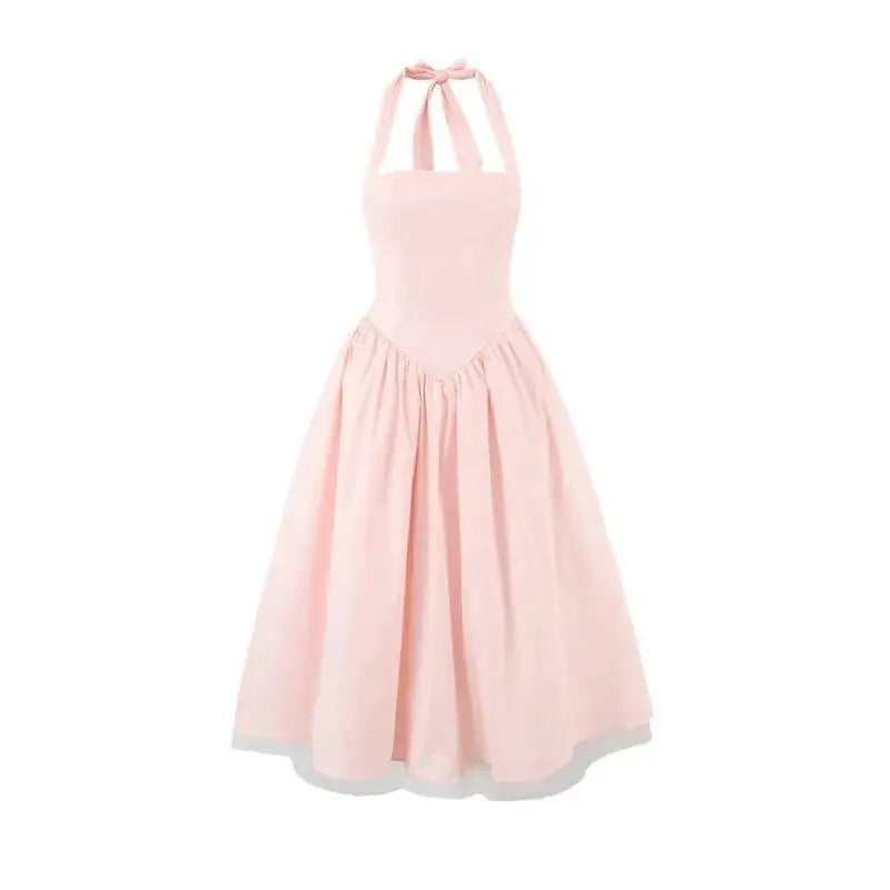 French Style Backless Cross-strap Halter Neck Dress For Women With Hard Mesh Panels Waist-cinching Pleated Large Hem Casual FYR0