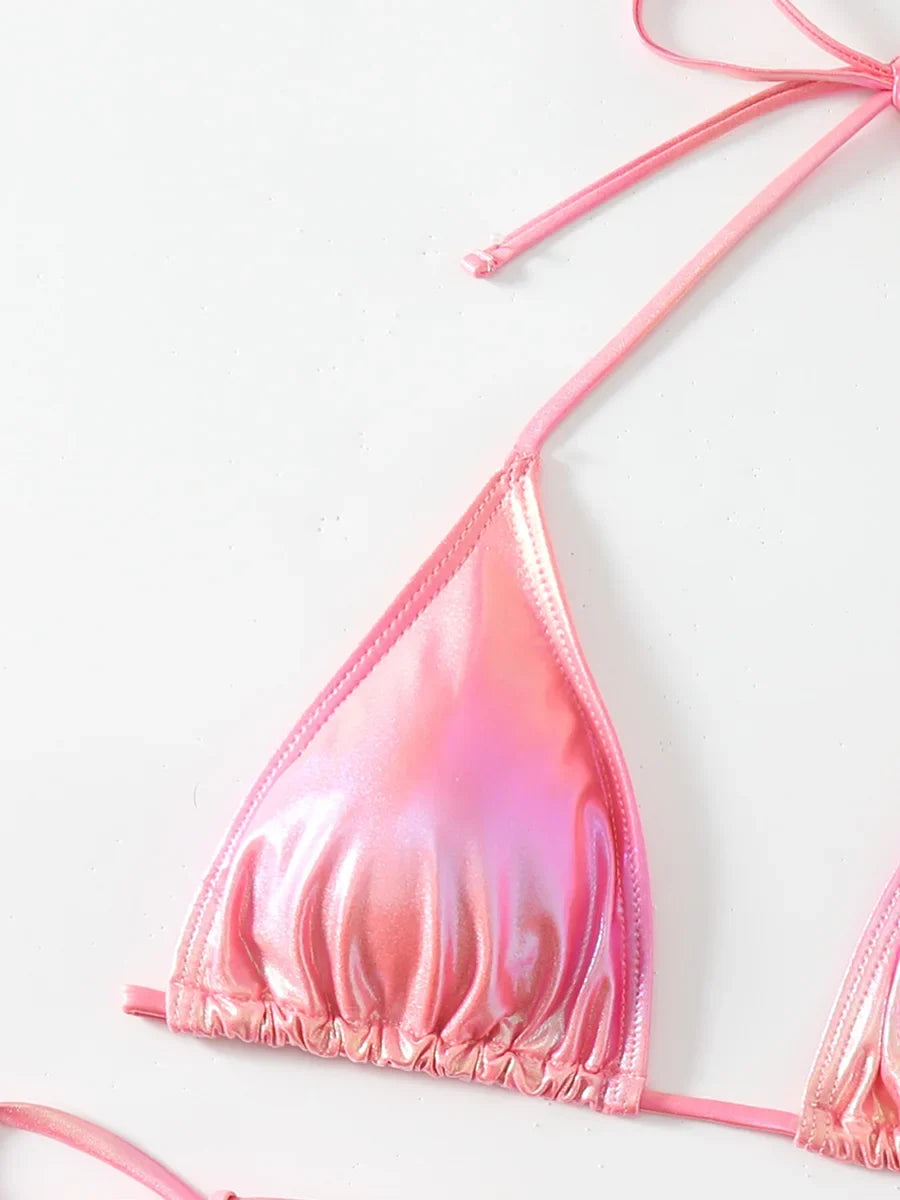 Sexy Shiny Pu Faux Leather Bikini 2025 Women Swimwear Female Swimsuit Two-pieces Bikini set String Bather Bathing Suit Swim Lady