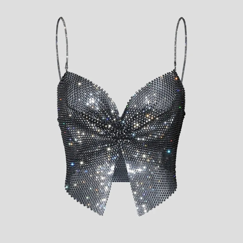 Toucheart Sexy Bow Knot Rhinestones Perspective Suspender Bra For Women Sexy Hottie Fishing Slit Lining Sleeveless Backless Bra