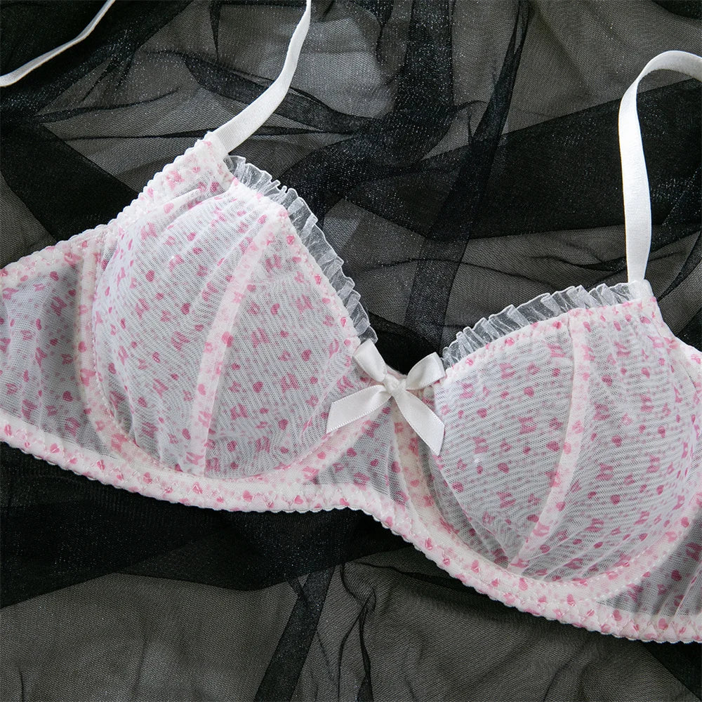 2Pcs Bra & Brief Set for Women Sexy White Ruffle Mesh Perspective Bow Patchwork Bra Bilizna Set Underwear Ultra Thin Intimate