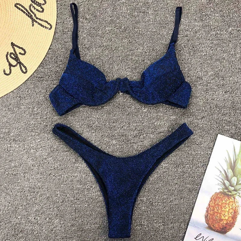 Glitter Sparkling Underwired V-Bar Bikini Women Swimsuit Female Swimwear Two-pieces Bikini Set Micro Thong Bathing Suit Swim