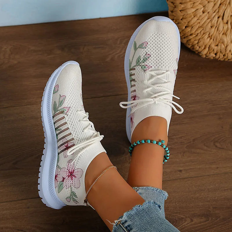 Fashion Printed Breathable Sneakers Women Thick Bottom Knitted Walking Shoes Woman Hollow Out Slip On Sports Shoes Female 35-43