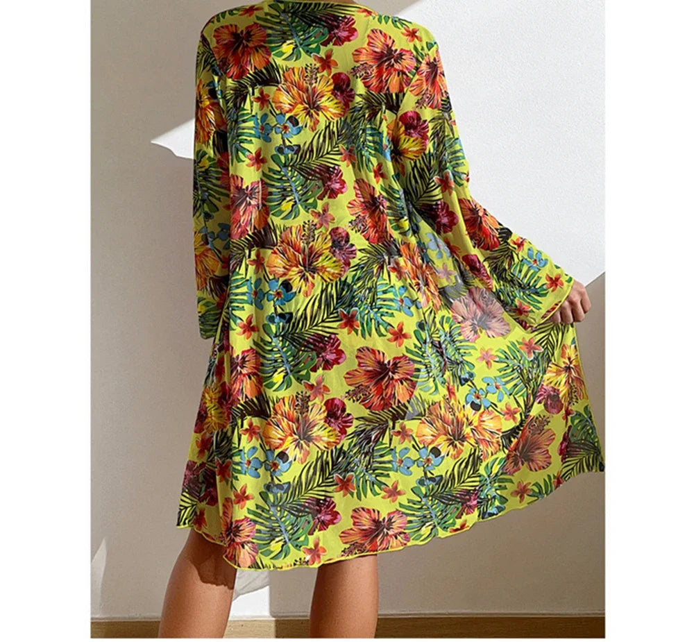 Sexy High Waisted Bikini 3 Pieces Floral Printed Swimsuit Size 3XL-S Women Bikini Set With Mesh Long-Sleeved Blouse Super Sales