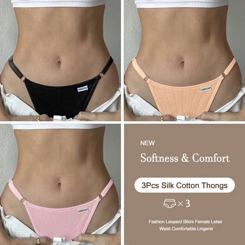 3PCS Women's Panties Cotton Thongs Adjustable Waist Sexy G-String Solid Color Seamless Intimate Female Underpants Lingerie S-XL