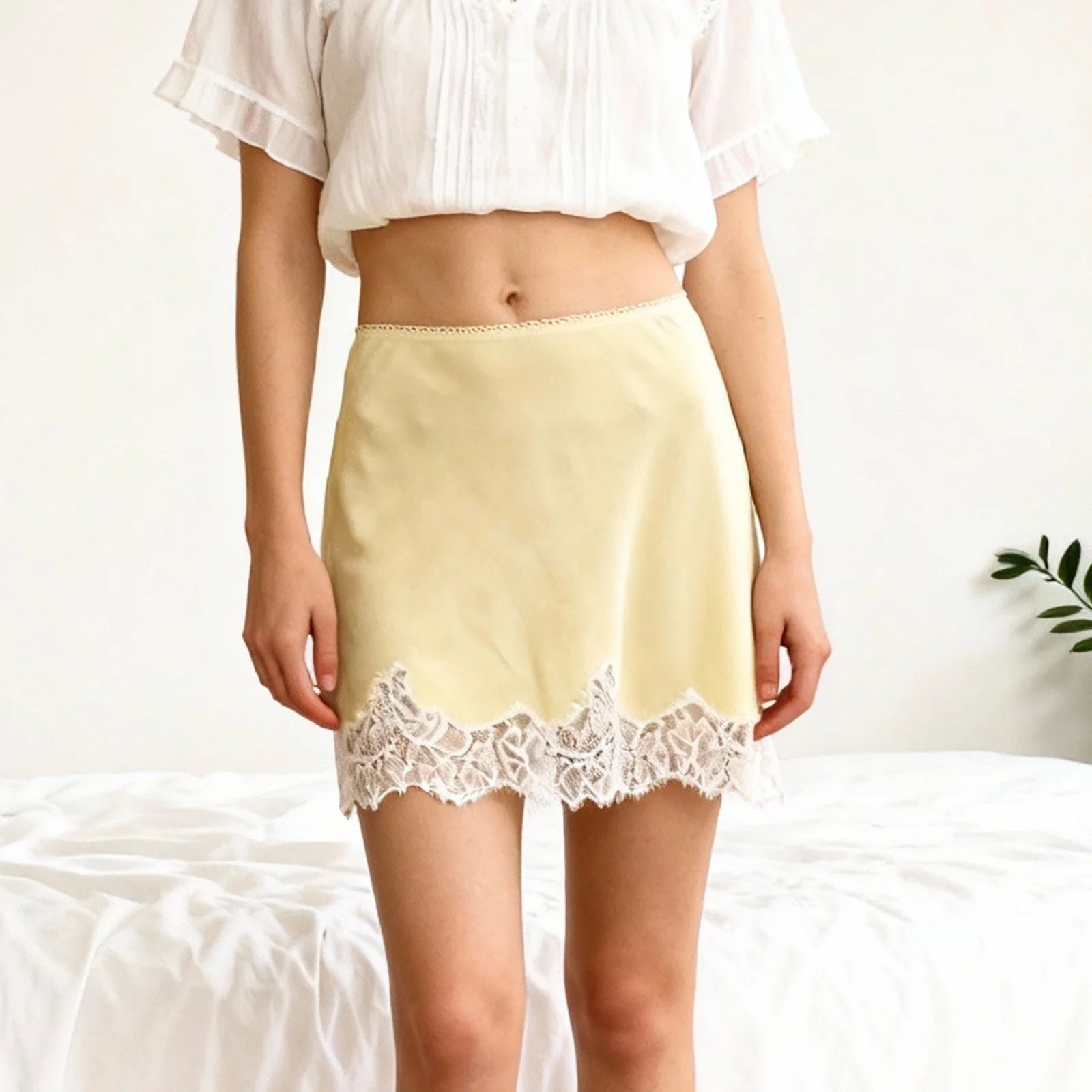Women's Satin Mini Skirt Elegant Patchwork Lace Trimmed High Waisted A Line Skirts for Party Work Daily Wear